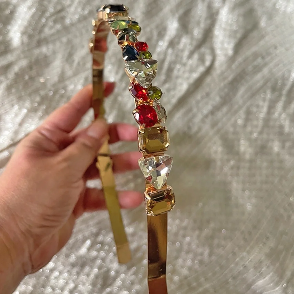 Chunky Multicolor Crystal Statement Headband Gold Jewel Tone Hairband OS